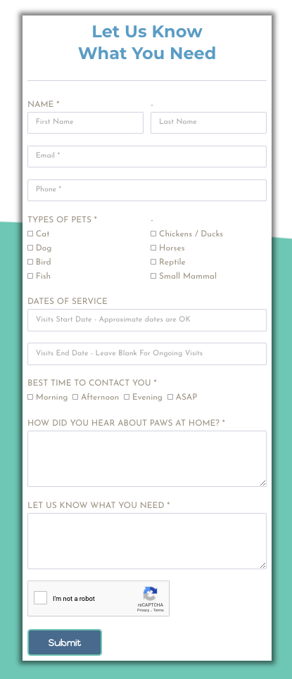 Contact form for pet sitting and dog walking website