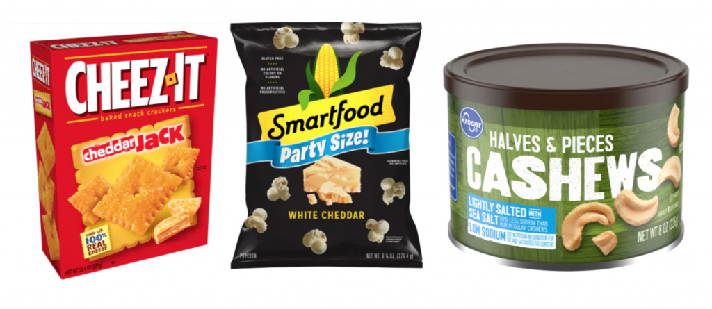 Cheeze-its popcorn and cashews