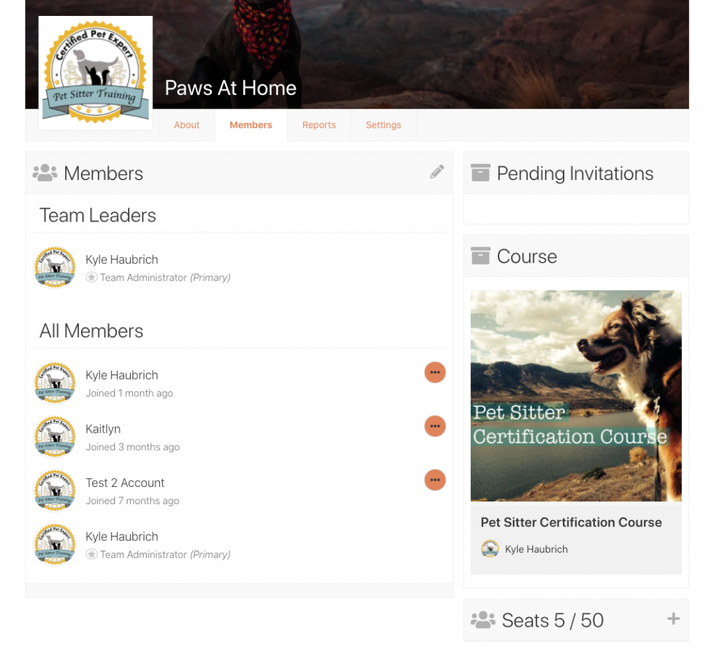 Team training page for dog walking staff and pet sitters