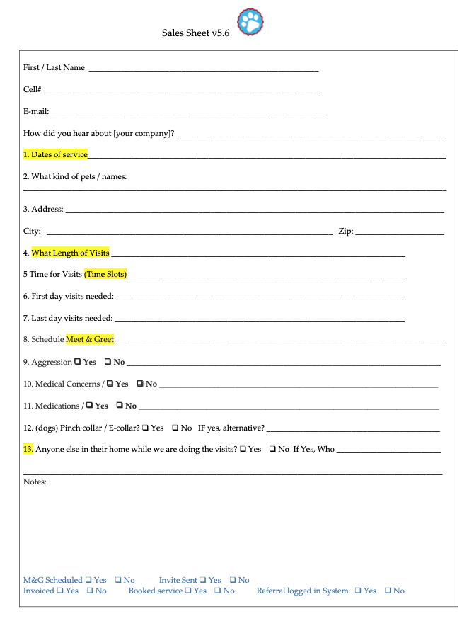 Example Sales Sheet & Process for Pet Sitters