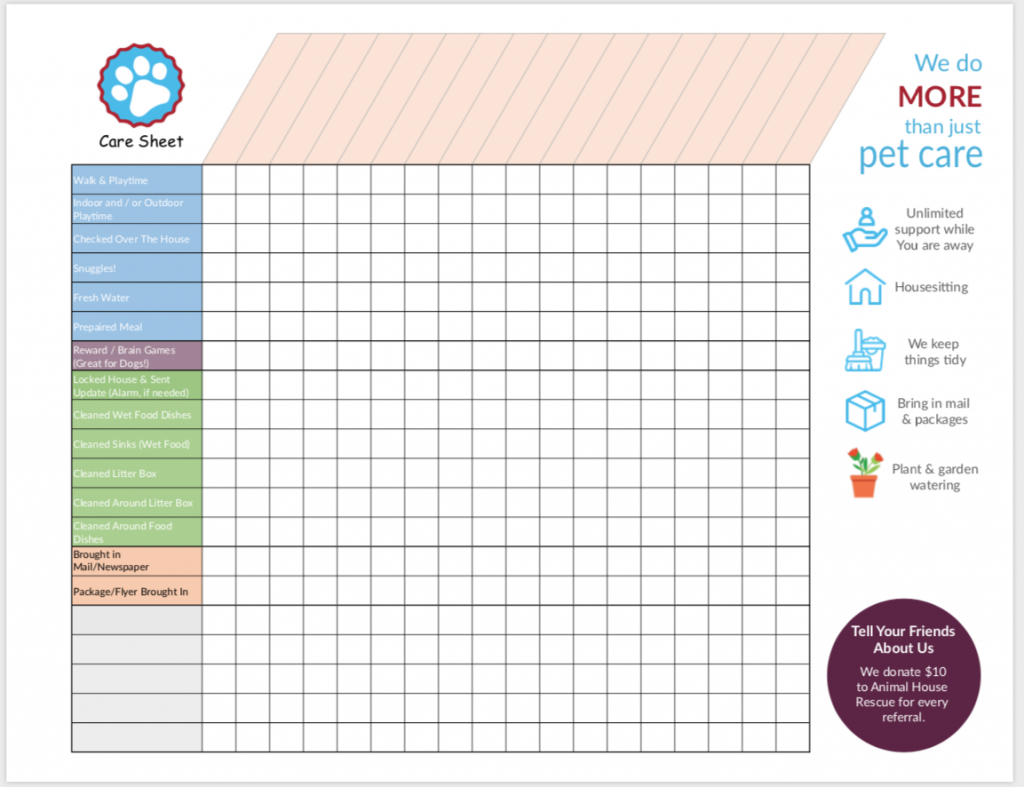 Care sheet for pet sitters