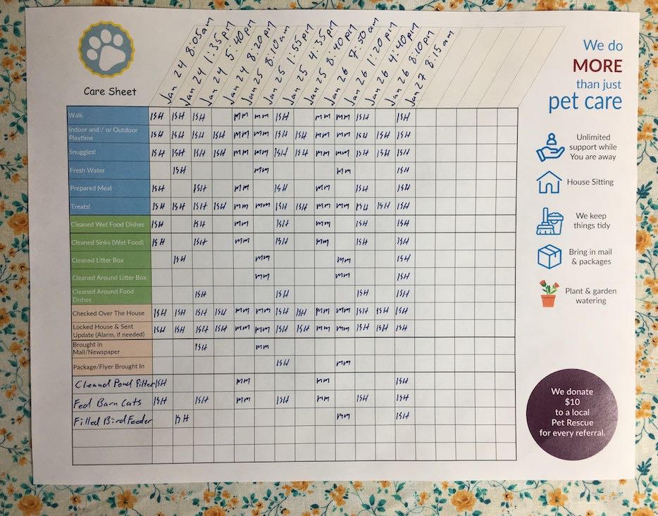 Filled out care sheet