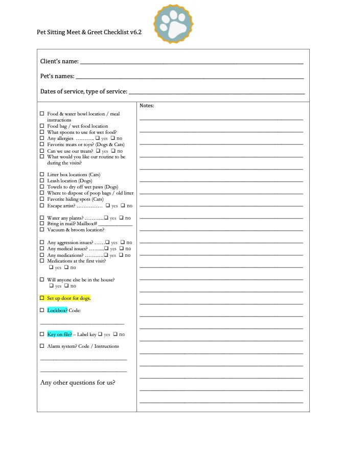 Meet & Greet Checklist for Pet Sitters