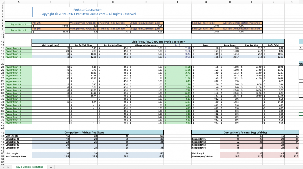 Pet Sitter and Dog Walker Pay Spreadsheet