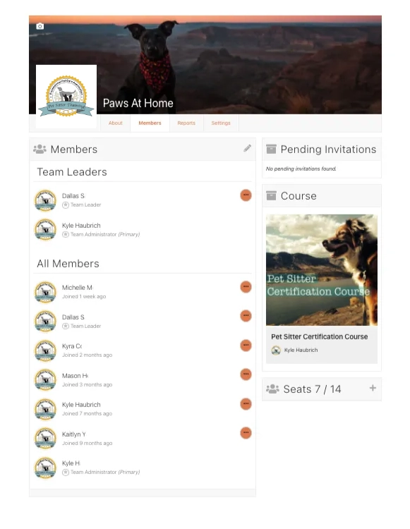 Dog-themed team training dashboard interface
